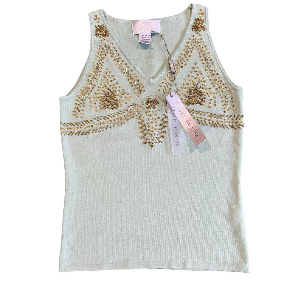 Kenneth Miller Women’s 90s Vintage Green Beaded Y2K Business Casual Tank Large
